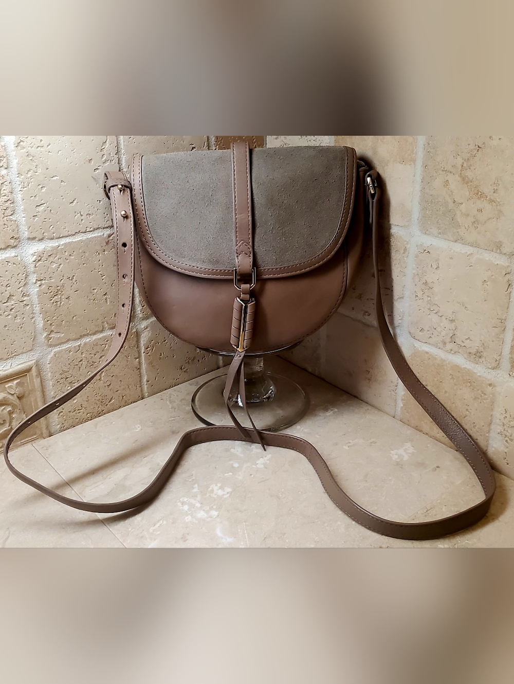 Taupe Suede & Leather Saddle Crossbody Bag - Women 22" Drop, 2.5" Depth, 6"x7.5"